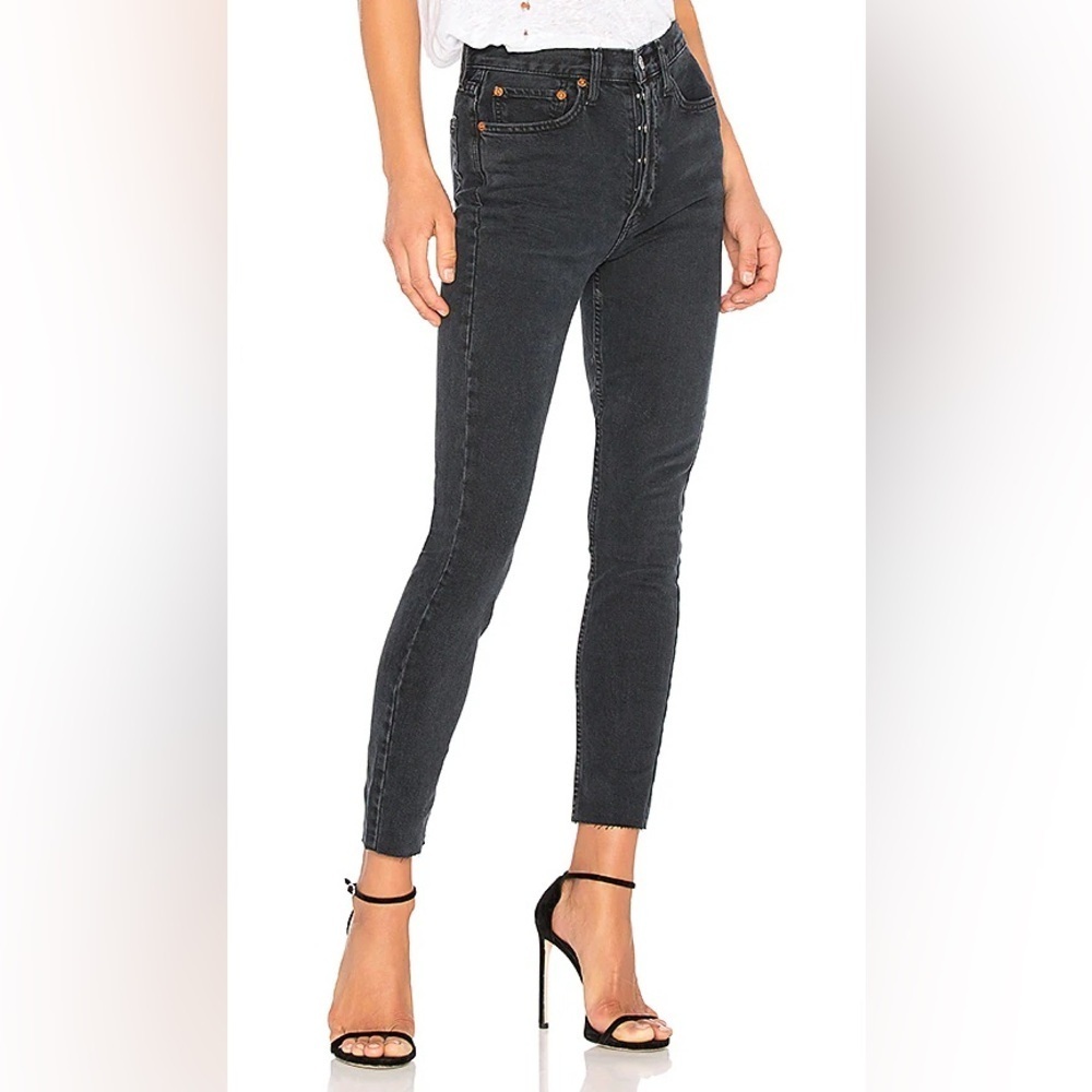 Re/Done Originals High Rise Ankle Crop Raw Hem With Stretch Worn Black Size 28
